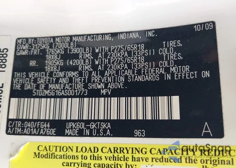 2010 Toyota Sequoia Sr5 4.6L V8 z USA, uszkodzony, nr VIN 5TDZM5G16AS001773